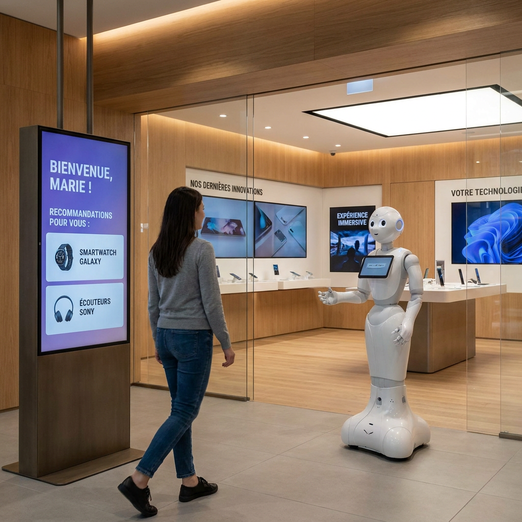 Robot d'accueil IA recommandant des produits à une cliente en magasin